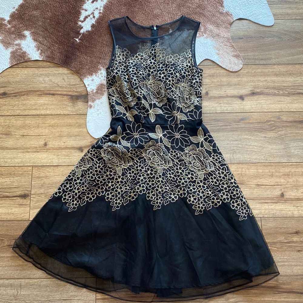 Tahari Black and Gold Floral Midi Dress